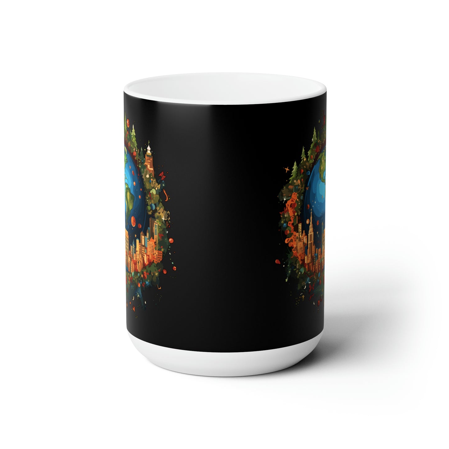 Earth in Christmas decorations and a big Christmas tree, Black Ceramic Mug 15oz