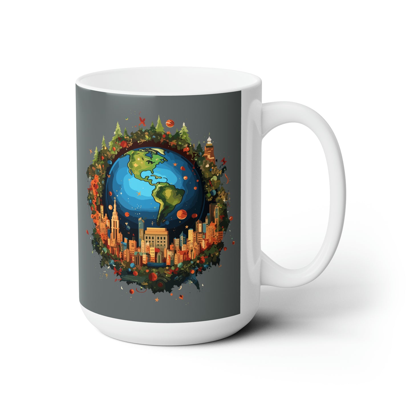 Earth in Christmas decorations and a big Christmas tree, dark grey Ceramic Mug 15oz