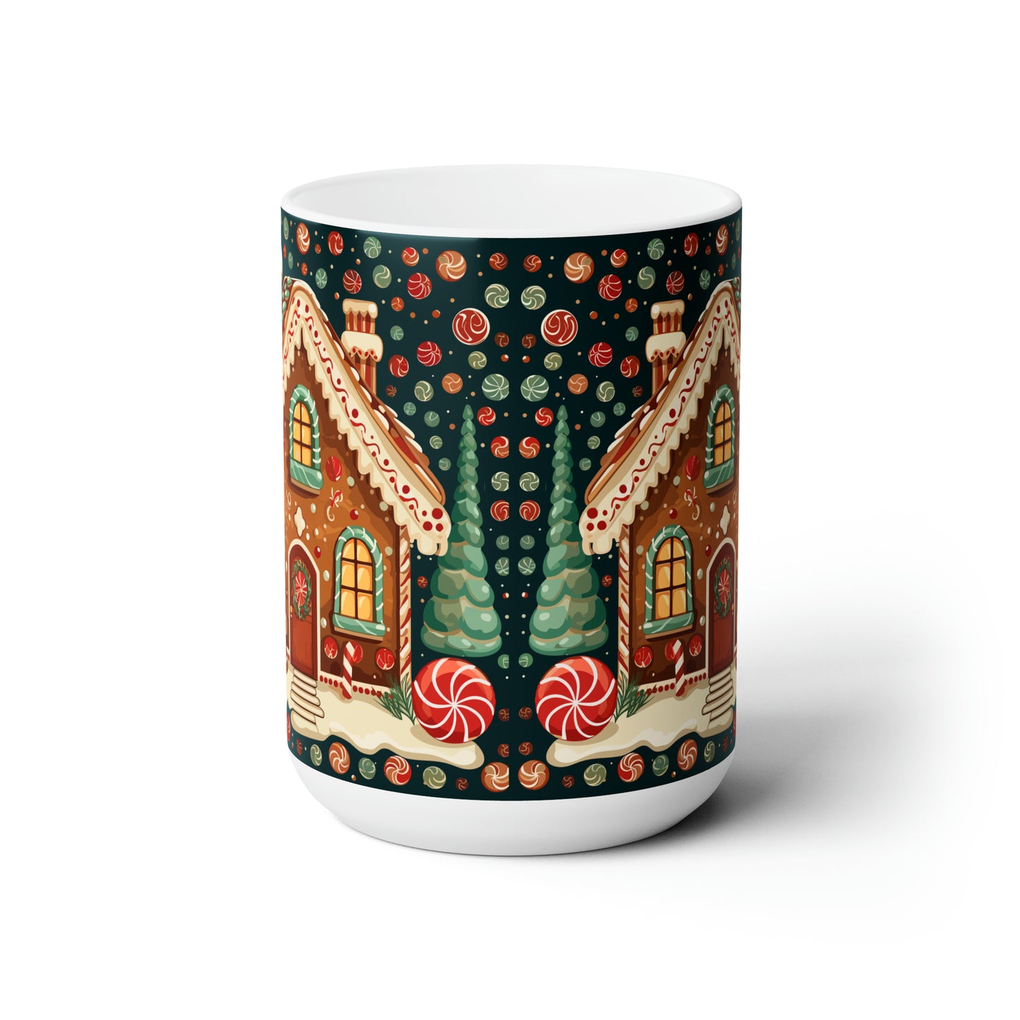 Gingerbread house patterns and candy canes for a sweet and festive look Ceramic Mug15oz