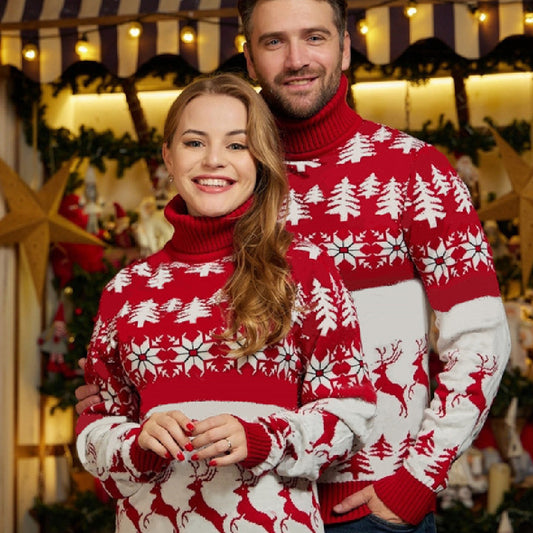 High Neck Christmas Theme Jacquard Couple Sweater Top