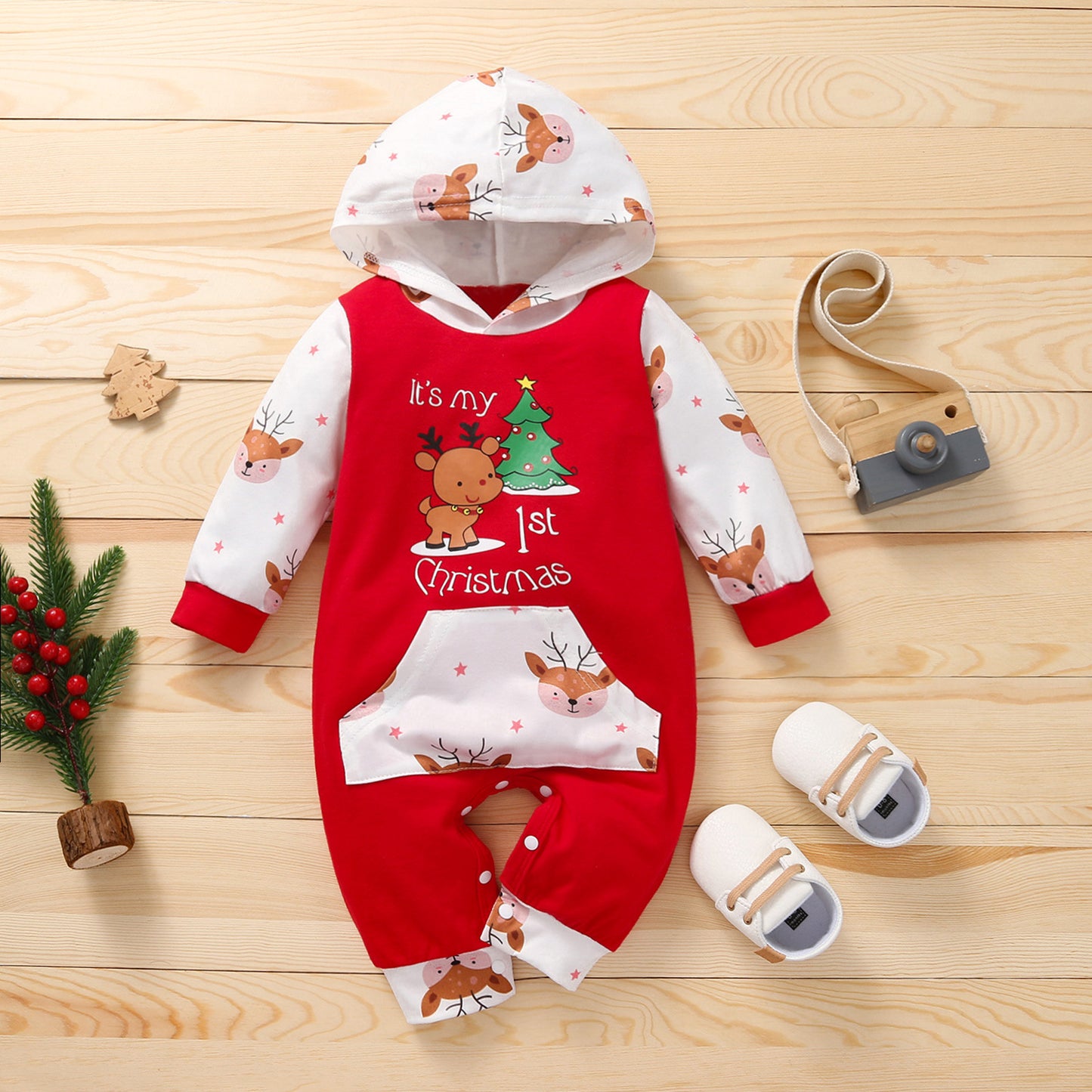 Baby Long Sleeve Christmas Cartoon Hooded Romper