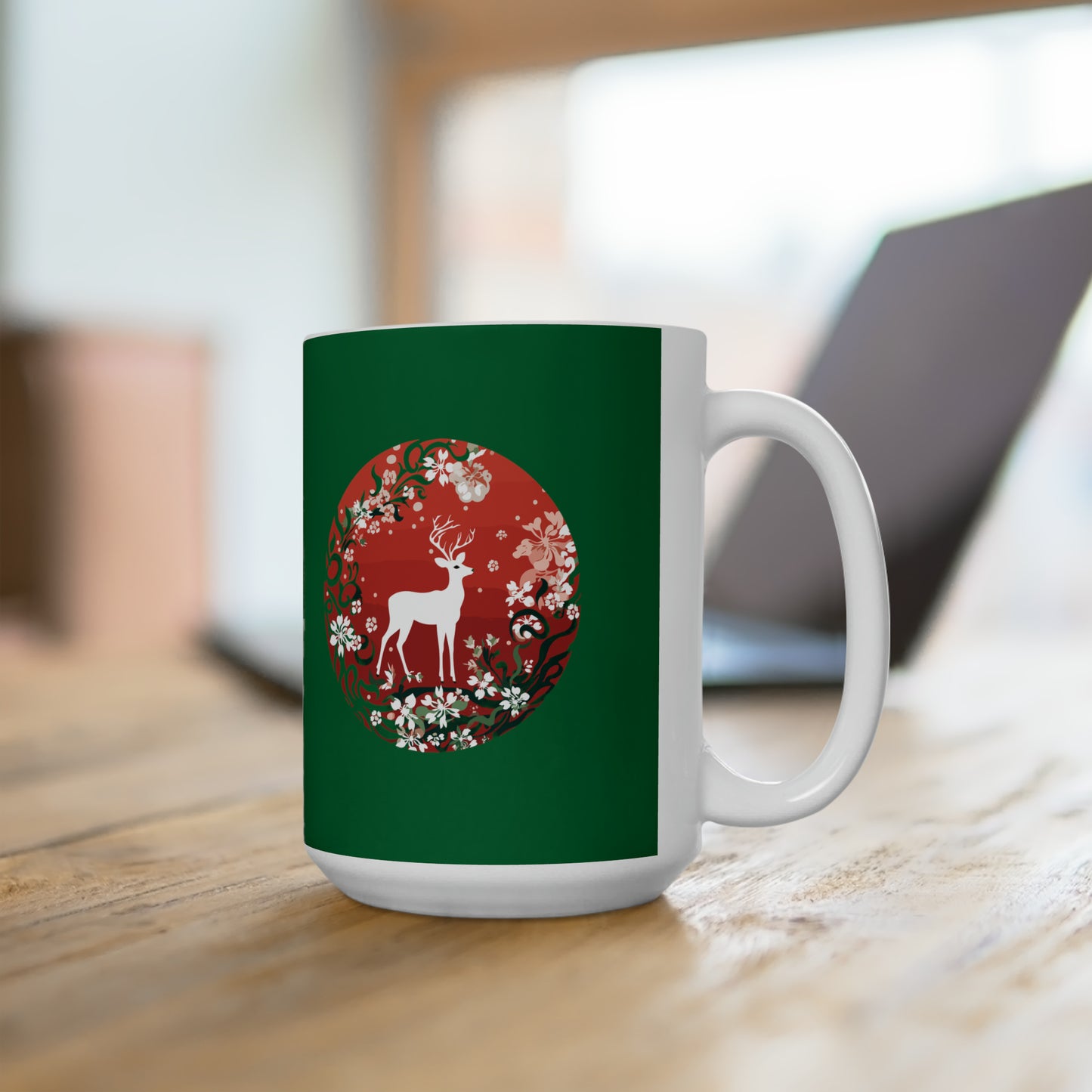 Holly Jolly reindeer in flourish mood, dark green Christmas Ceramic Mug 15oz