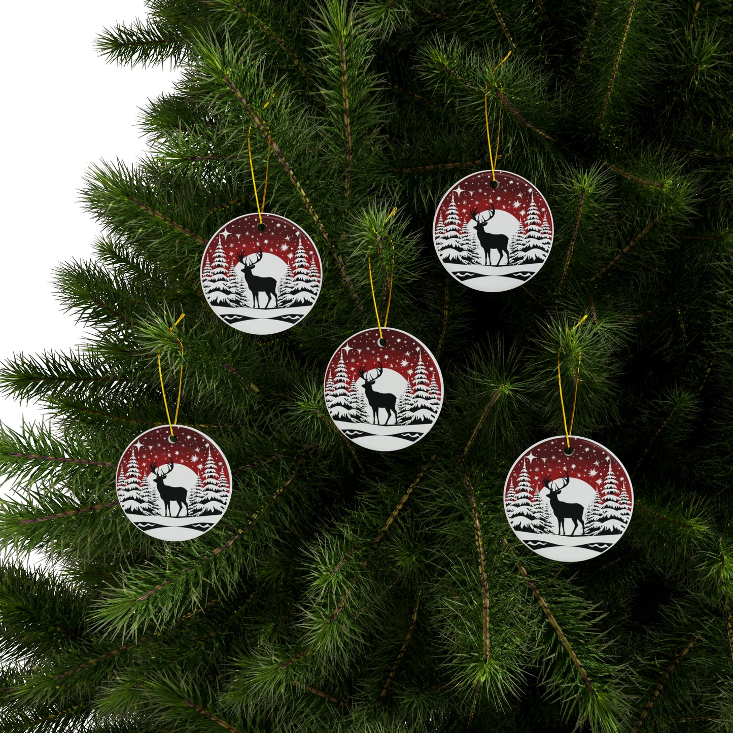 Reindeer with Black Canada maple leaf and crystal snow Fallin Christmas Ceramic Ornaments (1pc, 3pcs, 5pcs, 10pcs)