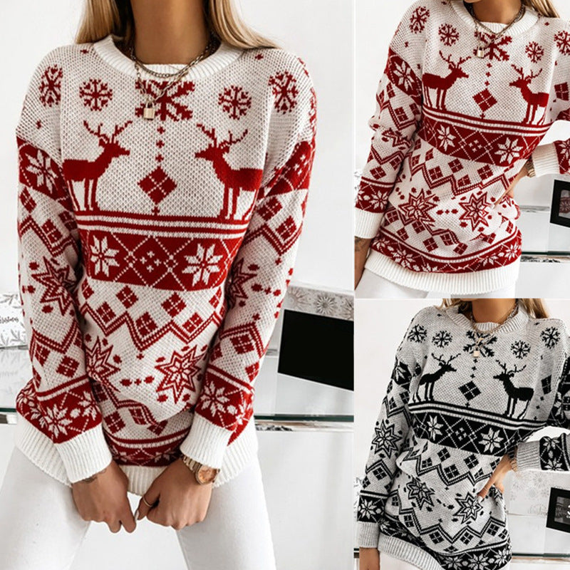 Elk Snowflake Christmas Jacquard Knitted Sweater