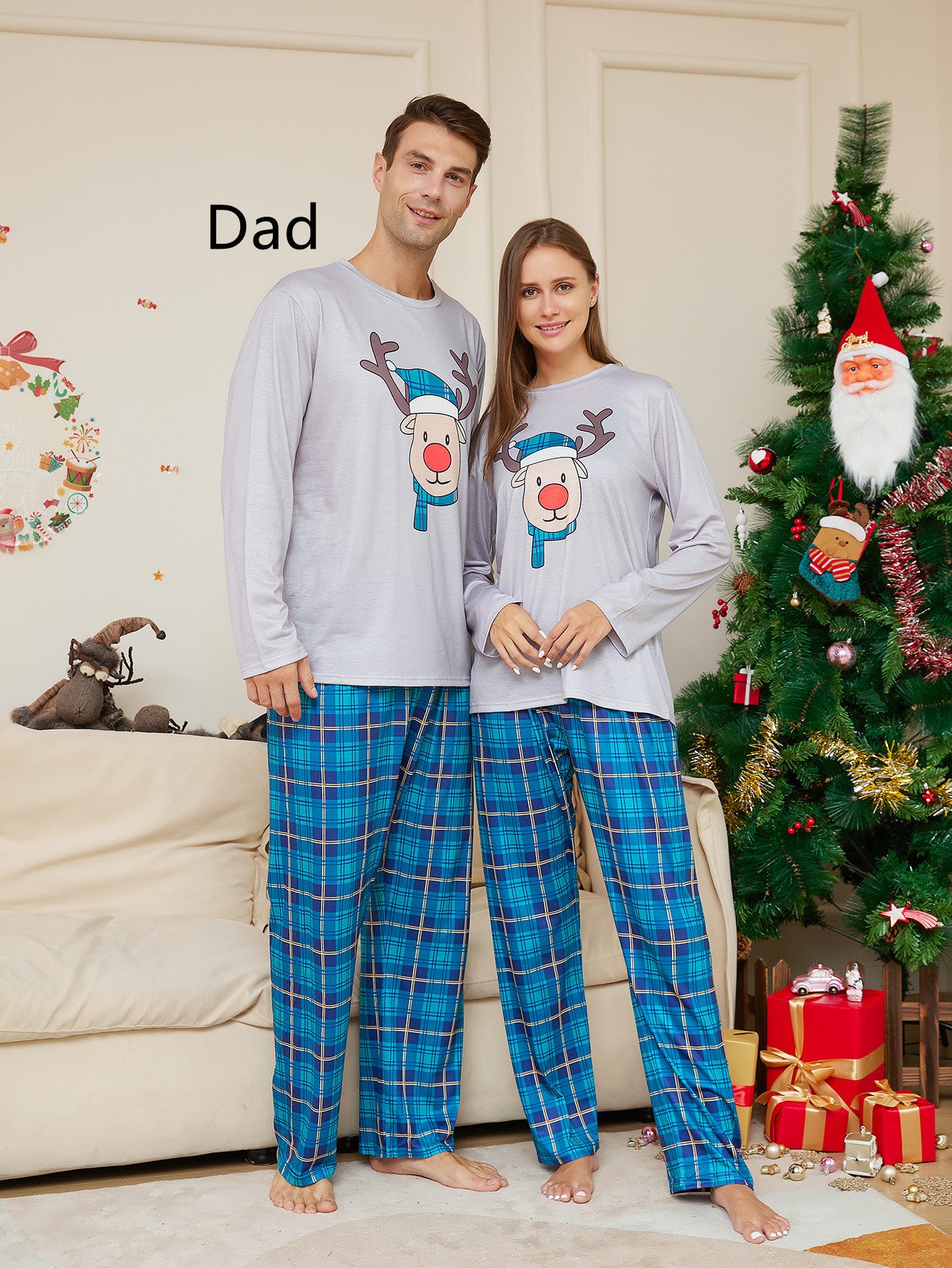 Christmas Cartoon Deer Head Blue Plaid Crew Neck Long Sleeve Pajamas Suit