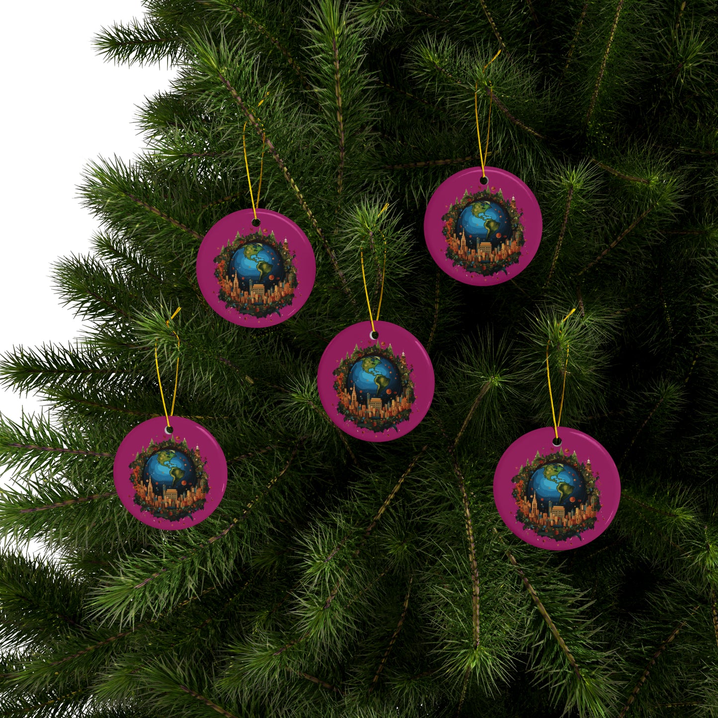 Earth in Christmas decorations and a big Christmas tree, Pink Ceramic Ornaments (1pc, 3pcs, 5pcs, 10pcs)