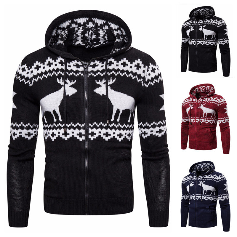 Men's Zipper Hooded Fawn Christmas Sweater