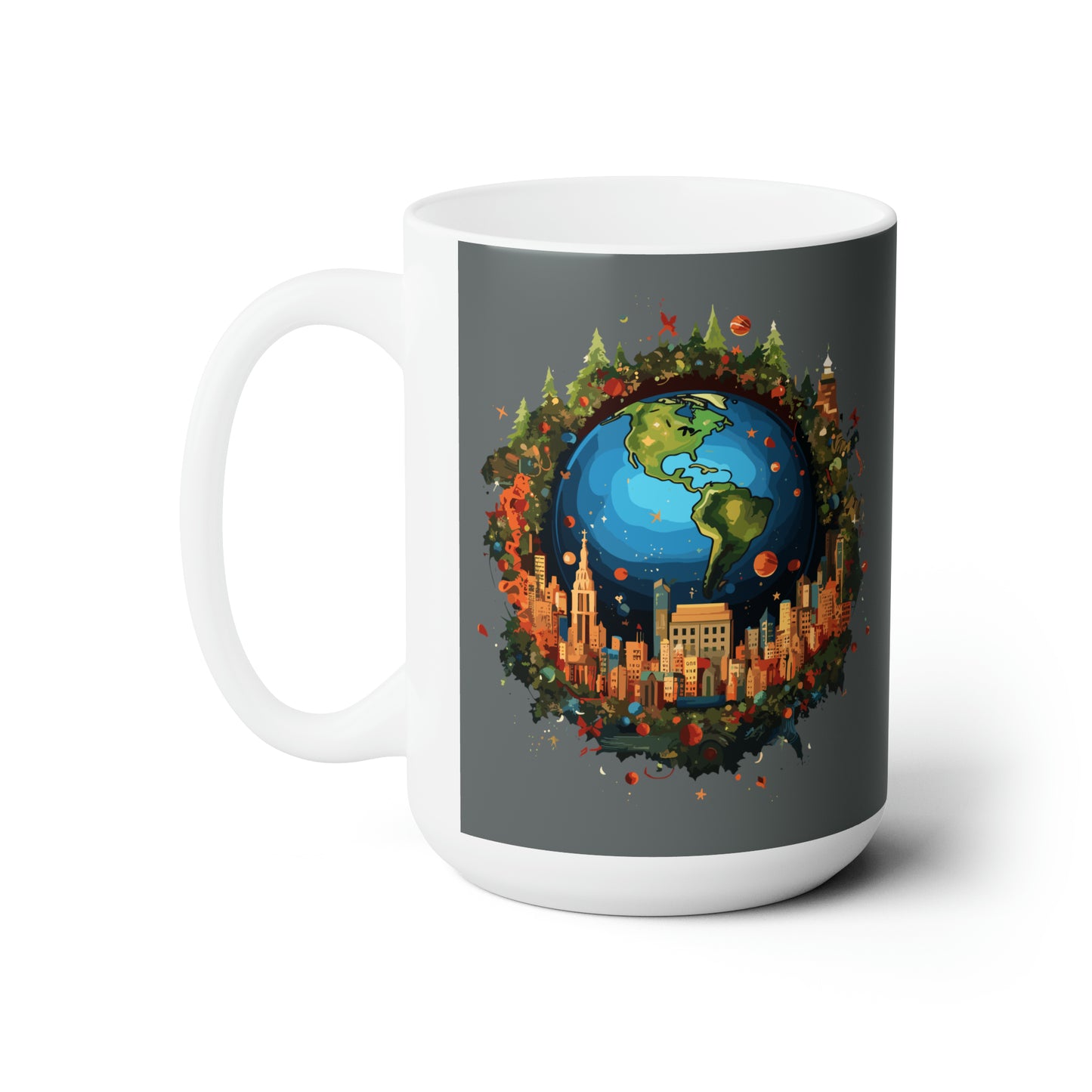 Earth in Christmas decorations and a big Christmas tree, dark grey Ceramic Mug 15oz