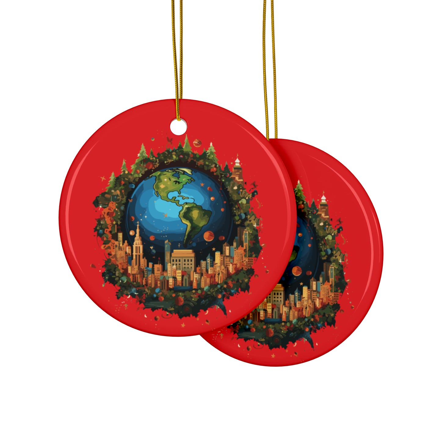 Earth in Christmas decorations and a big Christmas tree, red Ceramic Ornaments (1pc, 3pcs, 5pcs, 10pcs)