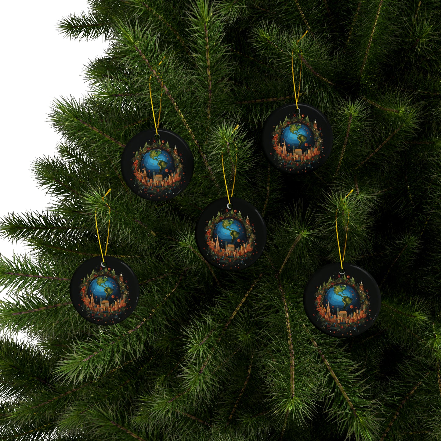 Earth in Christmas decorations and a big Christmas tree, Black Ceramic Ornaments (1pc, 3pcs, 5pcs, 10pcs)