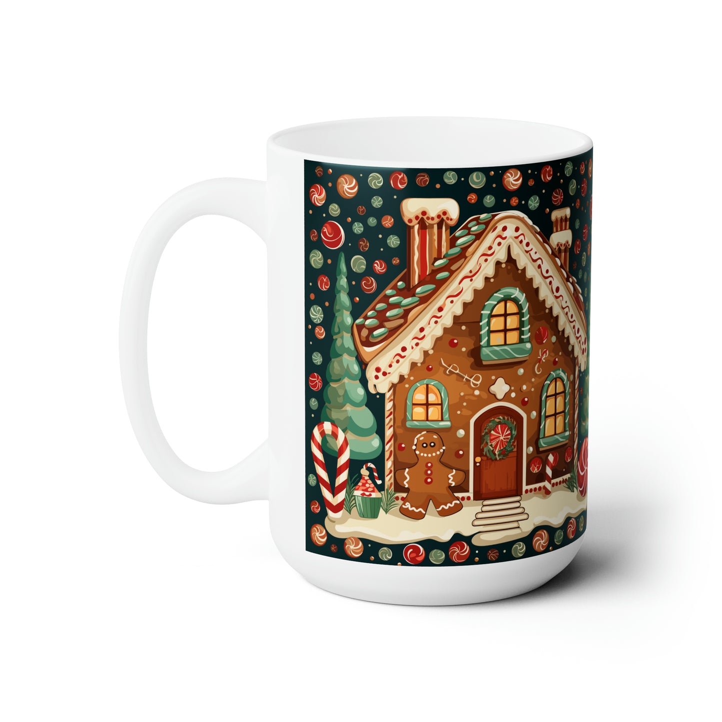 Gingerbread house patterns and candy canes for a sweet and festive look Ceramic Mug15oz