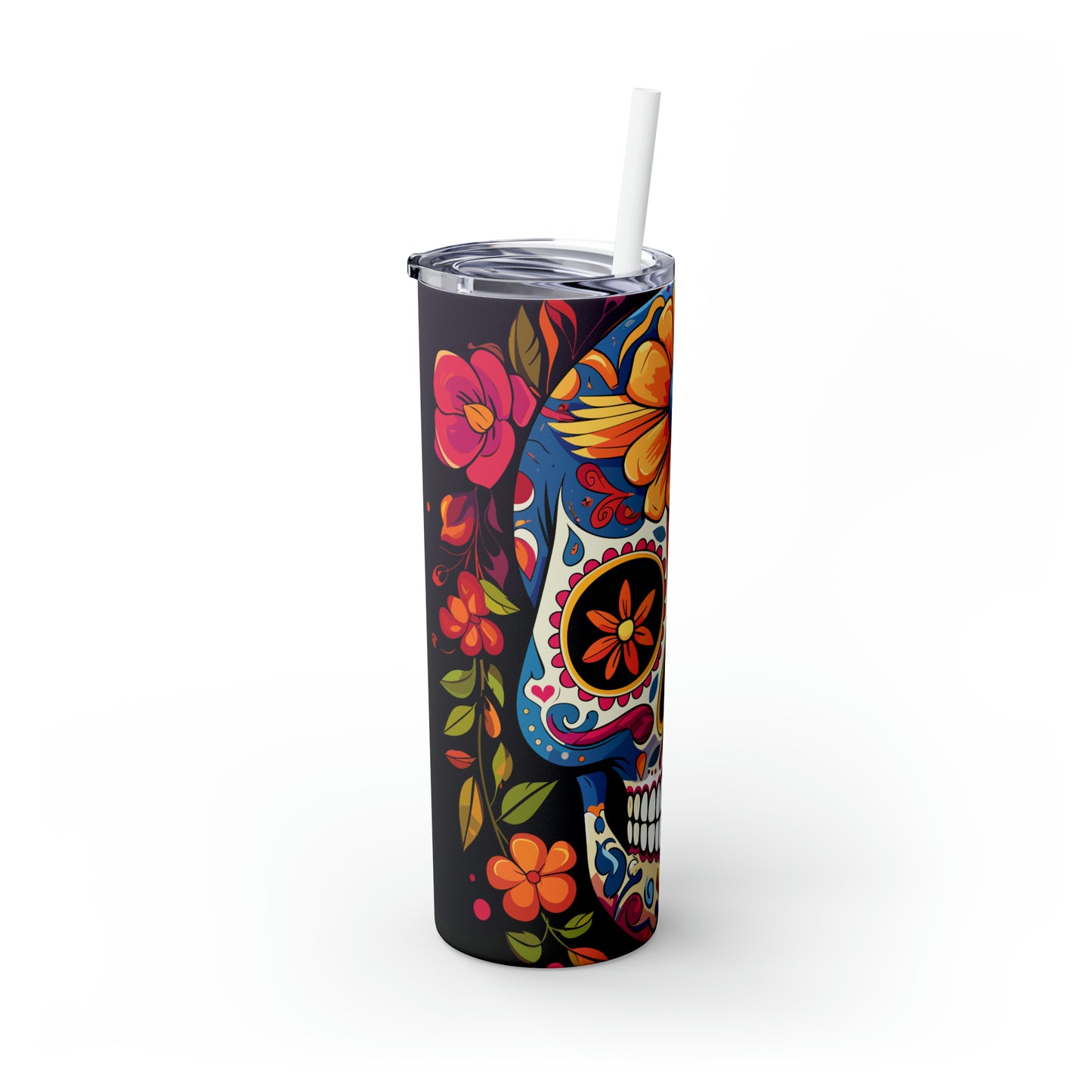 Halloween Skinny Tumbler with Straw 20oz - Spooky Drinkware - Skull Theme - BPA-Free, Reusable Cup, Halloween Tumbler, Halloween Gift