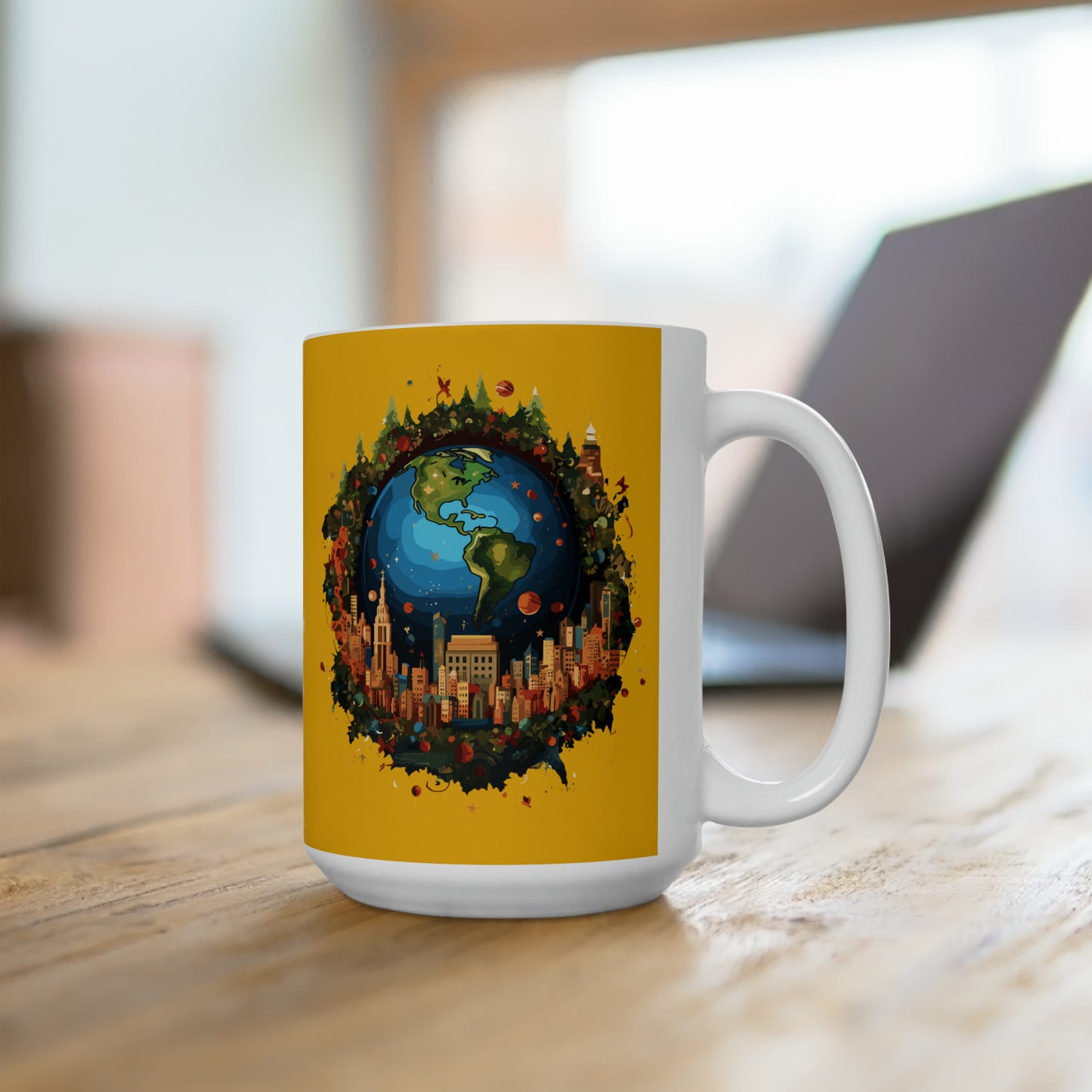 Earth in Christmas decorations and a big Christmas tree, yellow Ceramic Mug 15oz