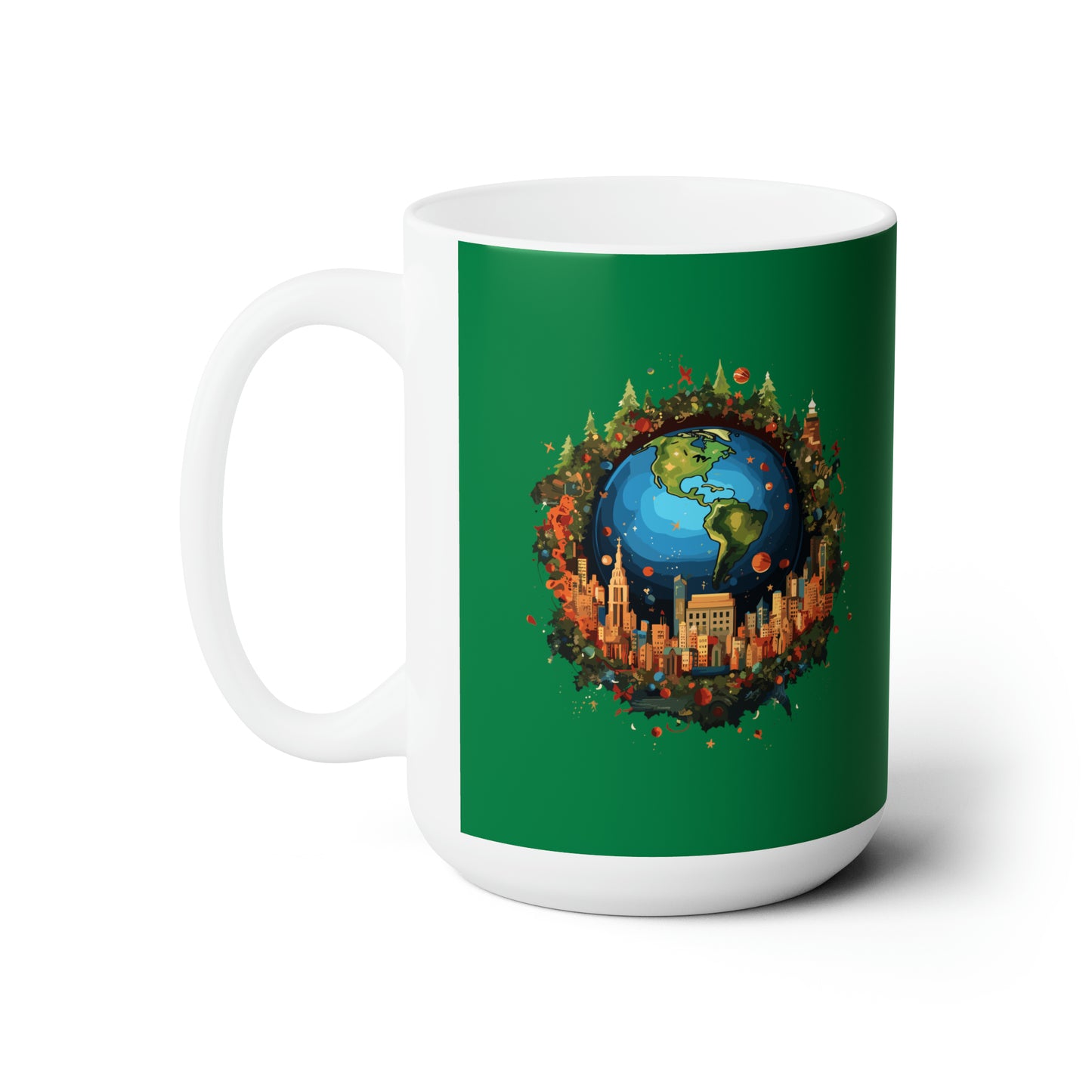 Earth in Christmas decorations and a big Christmas tree, dark green Ceramic Mug 15oz