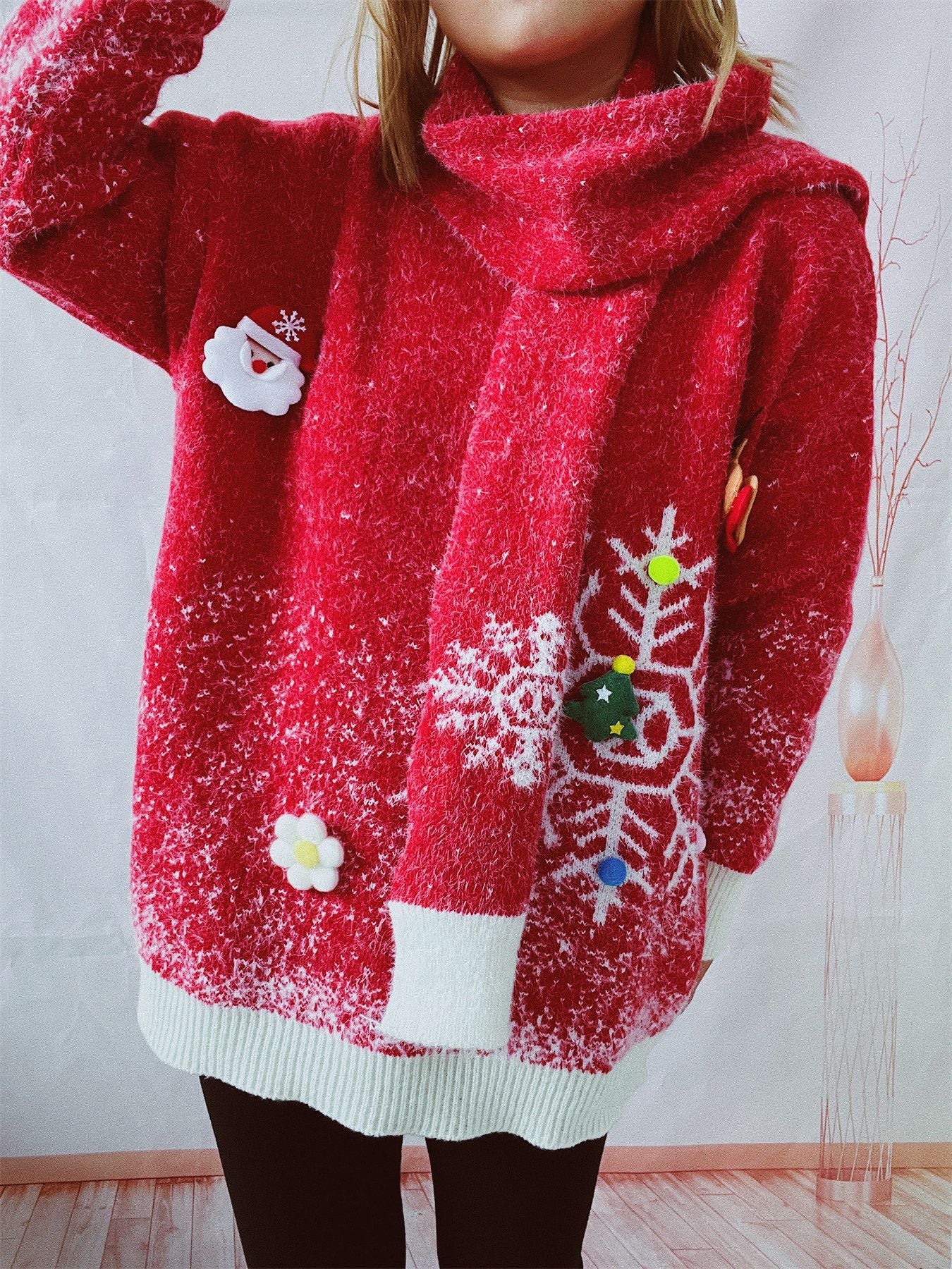 Women's Round Neck Long Sleeve Snowflake Three-dimensional Decoration Christmas Sweater