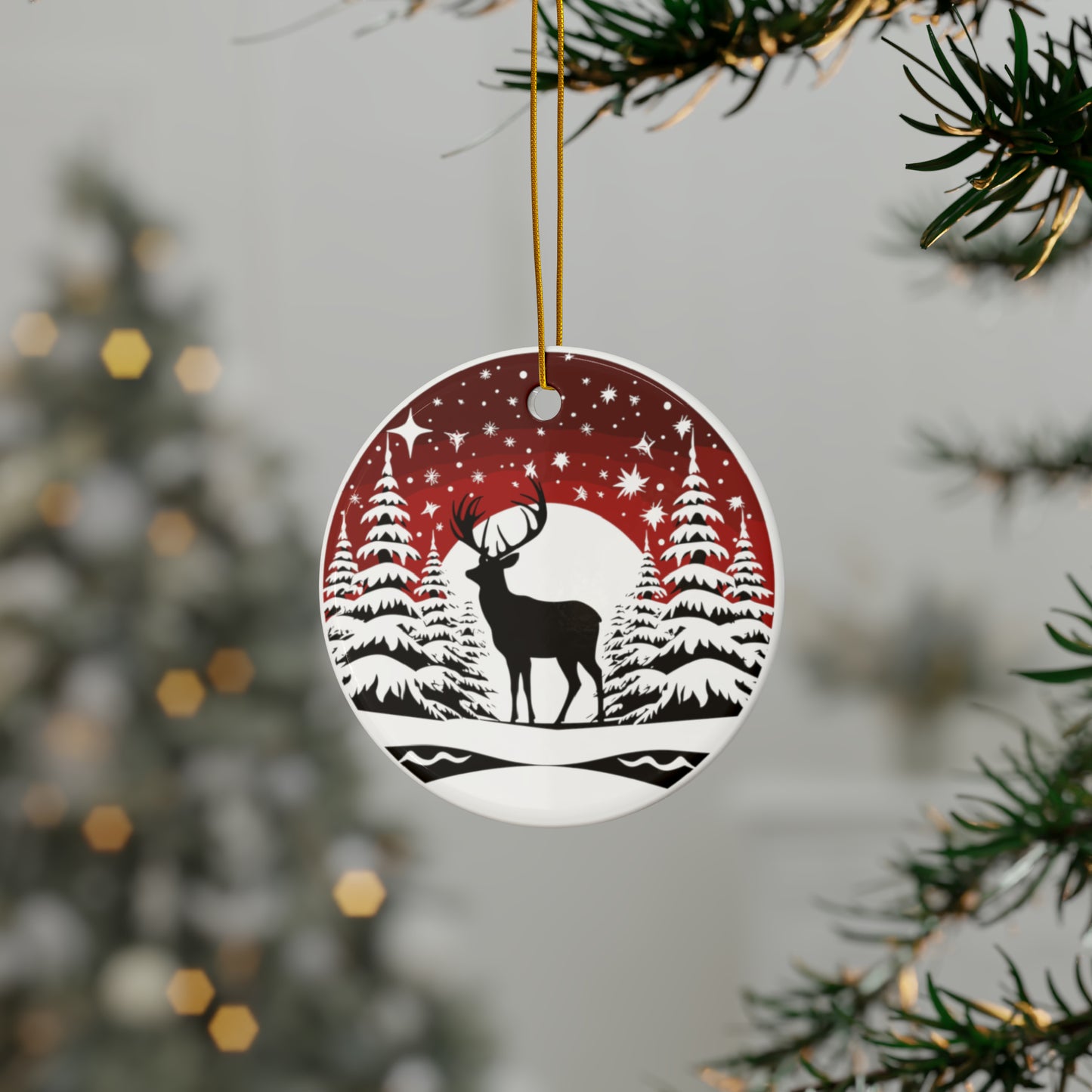 Reindeer with Black Canada maple leaf and crystal snow Fallin Christmas Ceramic Ornaments (1pc, 3pcs, 5pcs, 10pcs)