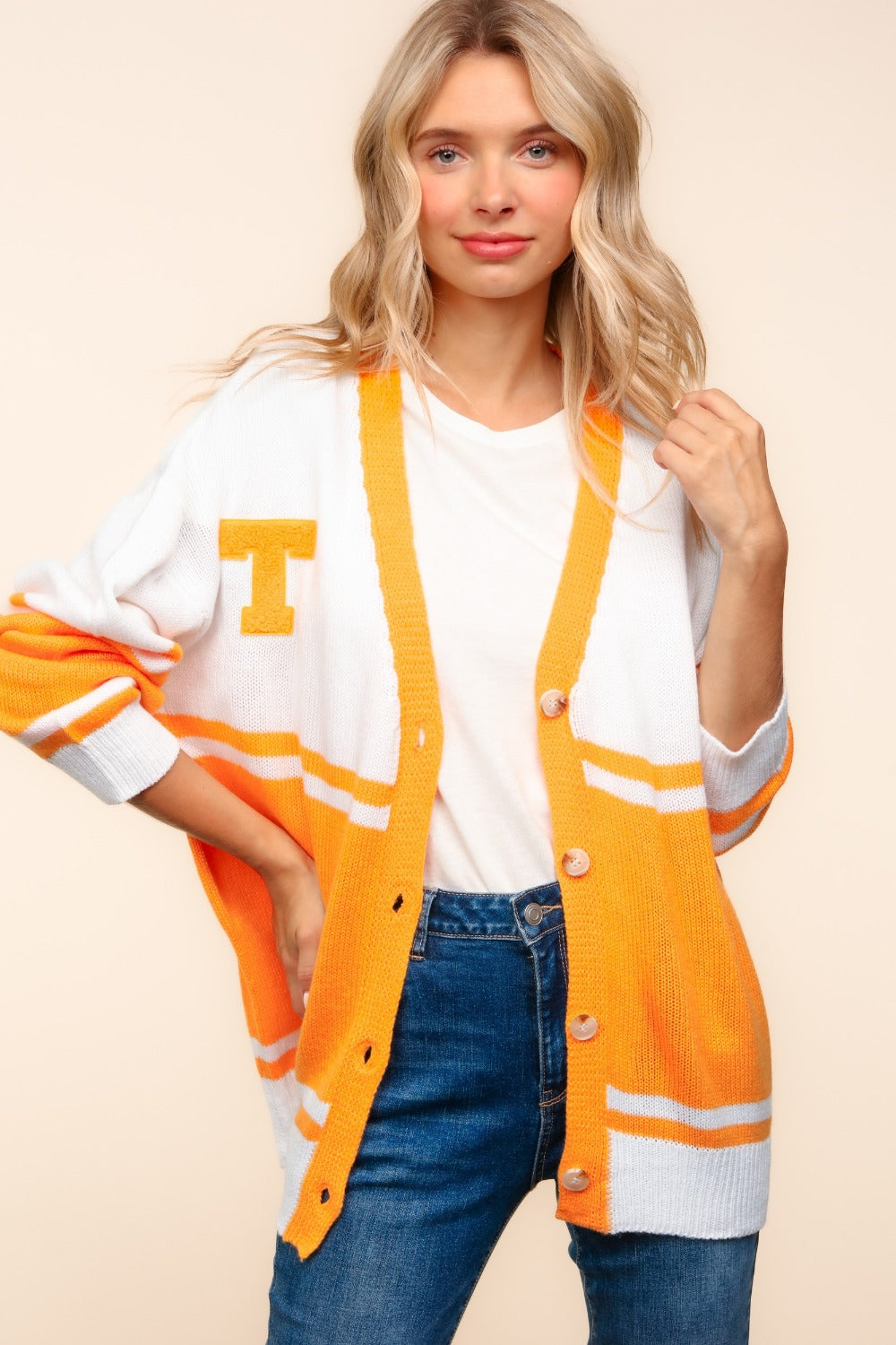 Haptics Full Size V Neck Button Down Letter Patch Cardigan