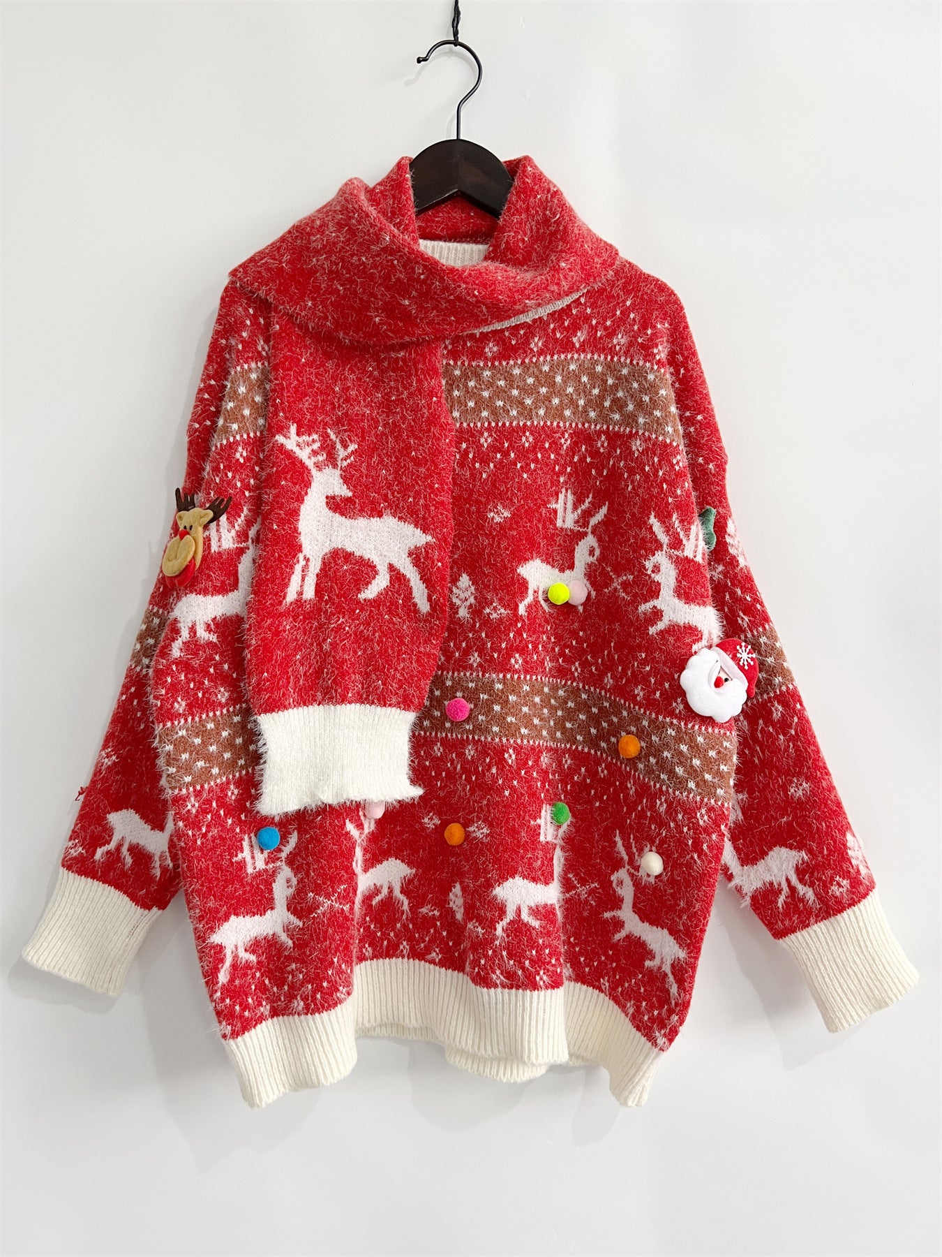 Women's Fashion Deer Snowflake Jacquard Colorful Ball Christmas Sweater Scarf Two-piece Set