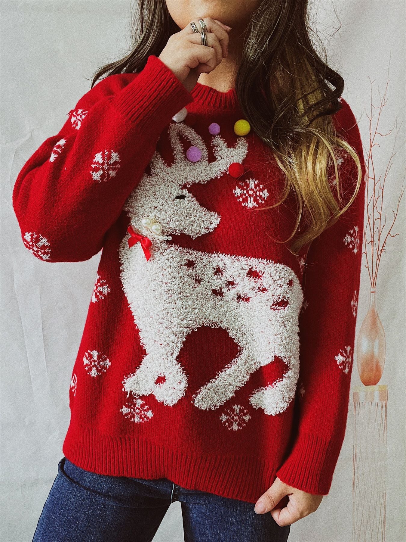 Women's Elk Flocking Jacquard Handmade Pearl Colorful Ball Decorative Knitted Christmas Sweater