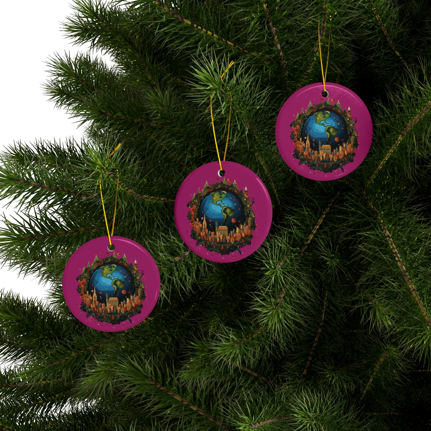 Earth in Christmas decorations and a big Christmas tree, Pink Ceramic Ornaments (1pc, 3pcs, 5pcs, 10pcs)