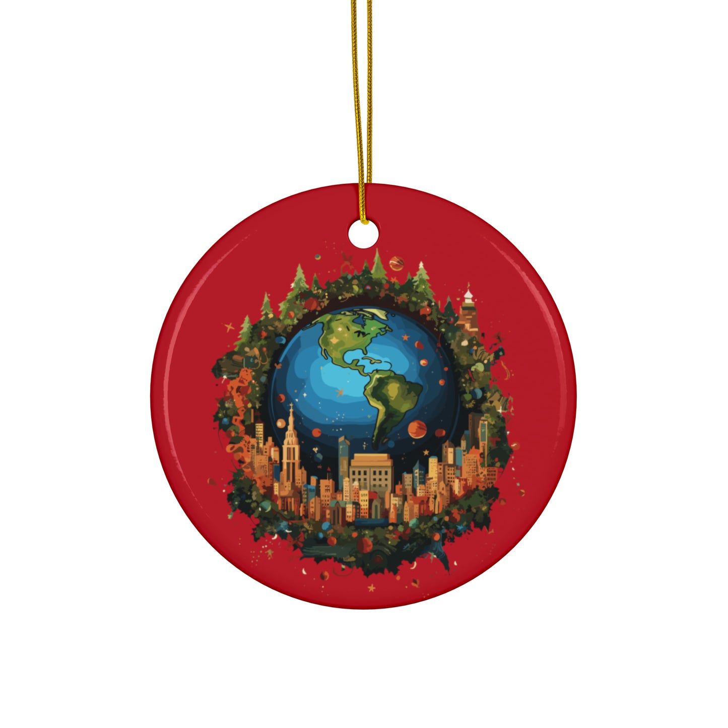 Earth in Christmas decorations and a big Christmas tree, red Ceramic Ornaments (1pc, 3pcs, 5pcs, 10pcs)