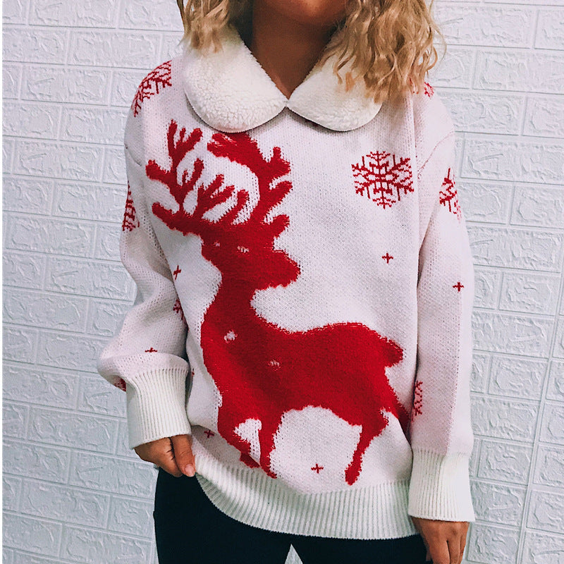 Stitched Lapel Long-sleeved Christmas Themed Sweater