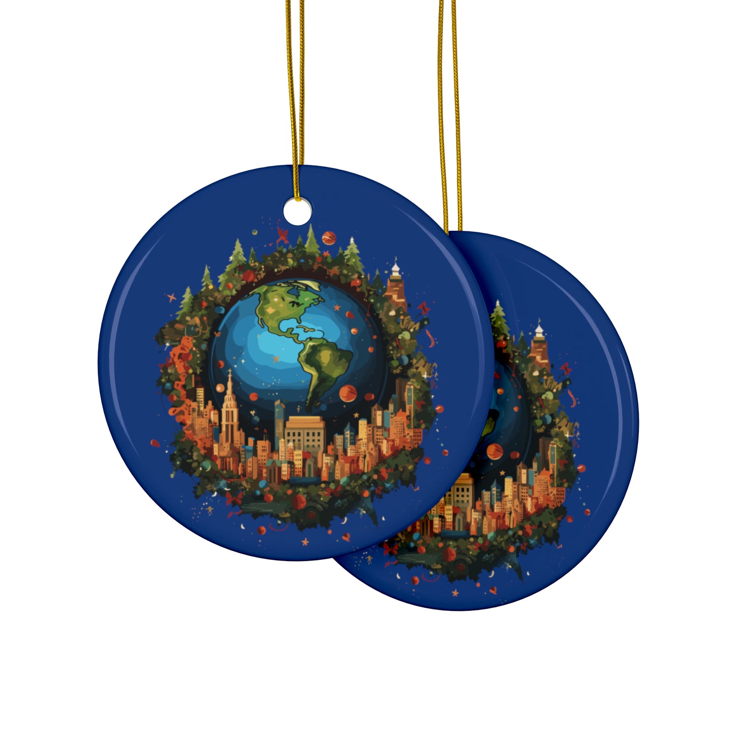 Earth in Christmas decorations and a big Christmas tree, dark blue Ceramic Ornaments (1pc, 3pcs, 5pcs, 10pcs)
