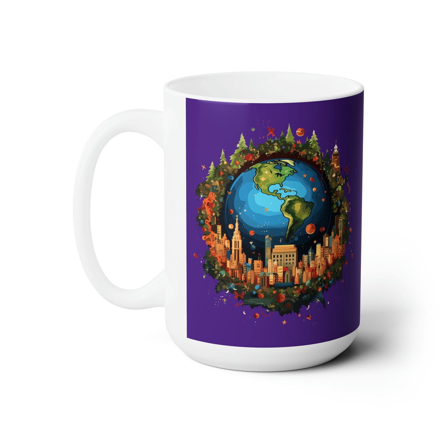 Earth in Christmas decorations and a big Christmas tree, Purple Ceramic Mug 15oz