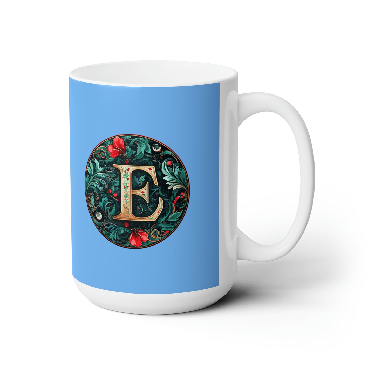 Christmas colorful Alphabet E design light blue Ceramic Mug 15oz