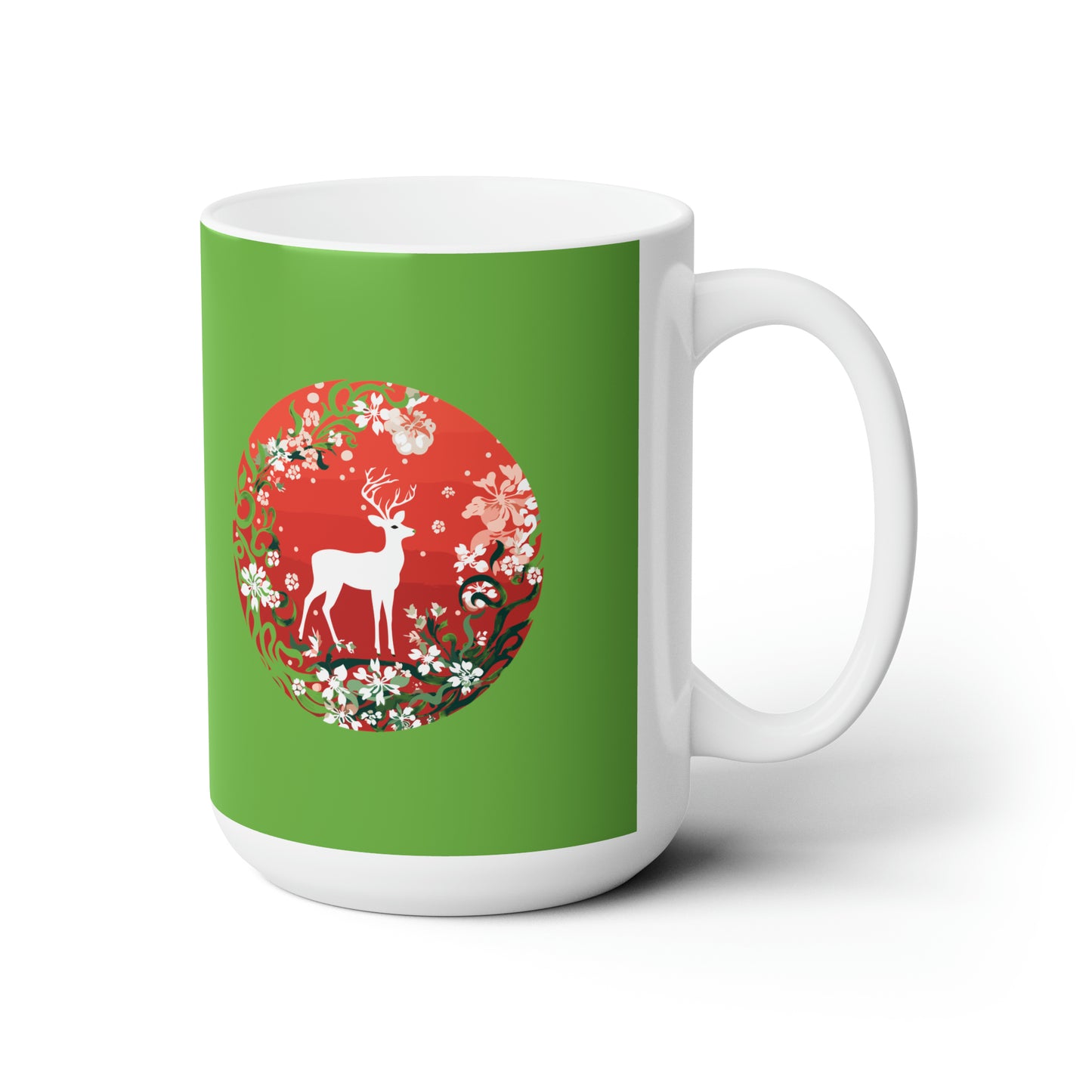 Holly Jolly reindeer in flourish mood, green Christmas Ceramic Mug 15oz