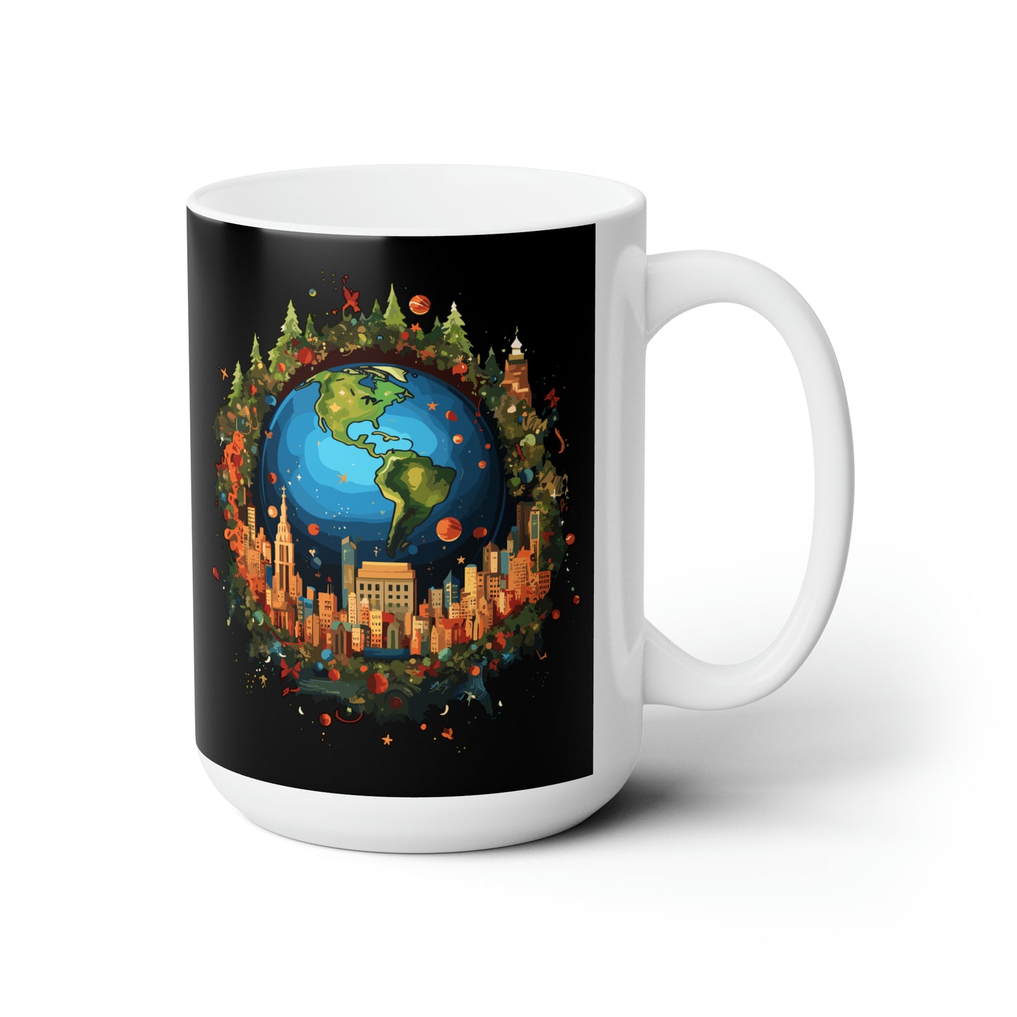 Earth in Christmas decorations and a big Christmas tree, Black Ceramic Mug 15oz