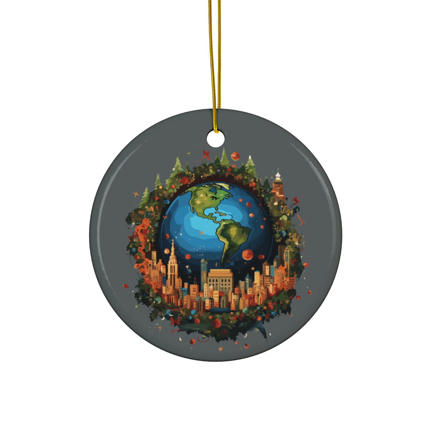 Earth in Christmas decorations and a big Christmas tree, dark grey Ceramic Ornaments (1pc, 3pcs, 5pcs, 10pcs)