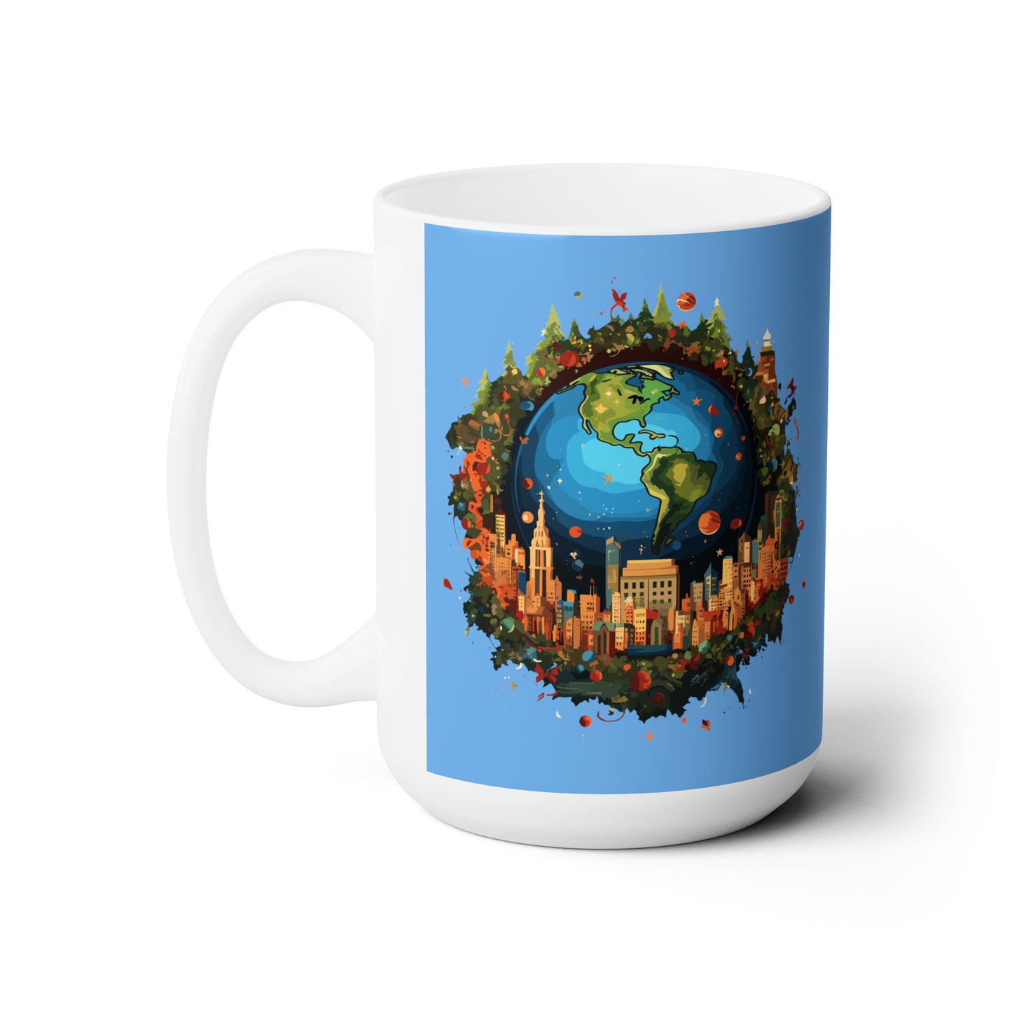 Earth in Christmas decorations and a big Christmas tree, light blue Ceramic Mug 15oz