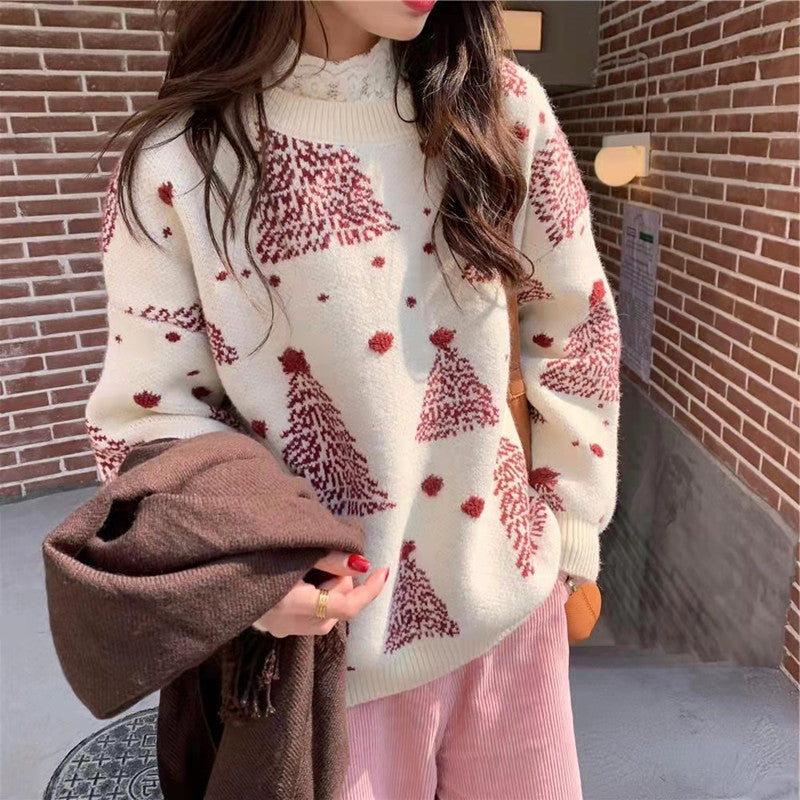 Red Christmas Tree Jacquard Warm Sweater Women