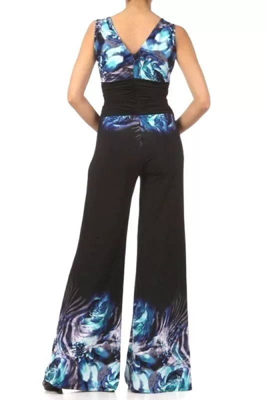 Women's Ladies vintage Printed Wide-leg Halter Jumpsuit, Turq