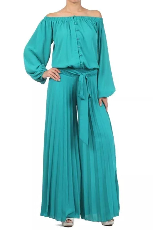 Womens Ladies Long sleeve Off shoulder Button Down Wide leg Full length Jumpsuit