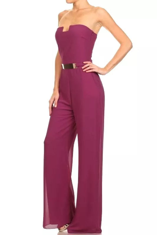 Women's Solid Strapless Full Length Jumpsuit waist embellishment, Purple