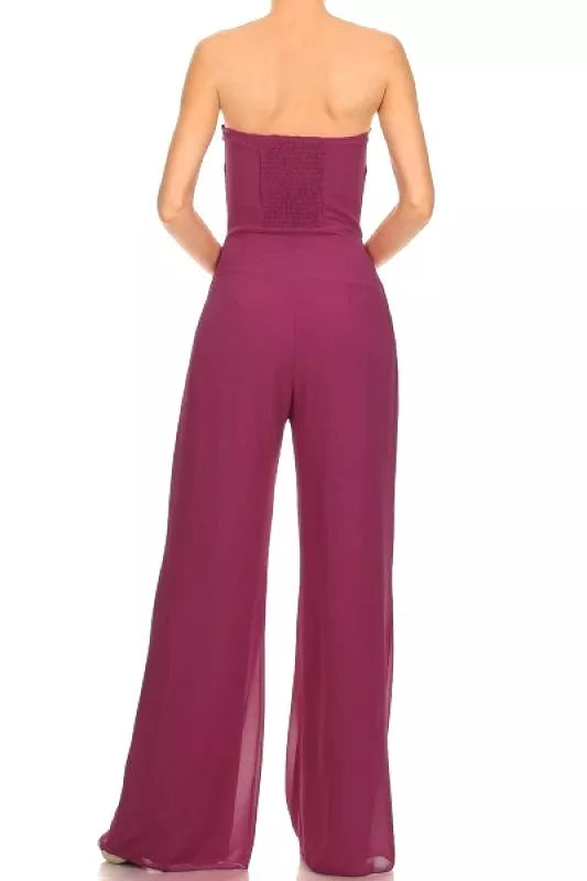 Women's Solid Strapless Full Length Jumpsuit waist embellishment, Purple