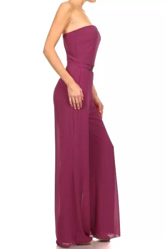 Women's Solid Strapless Full Length Jumpsuit waist embellishment, Purple