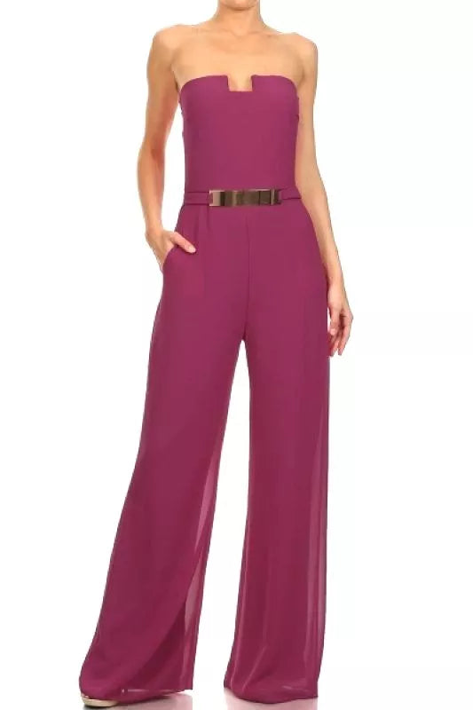 Women's Solid Strapless Full Length Jumpsuit waist embellishment, Purple