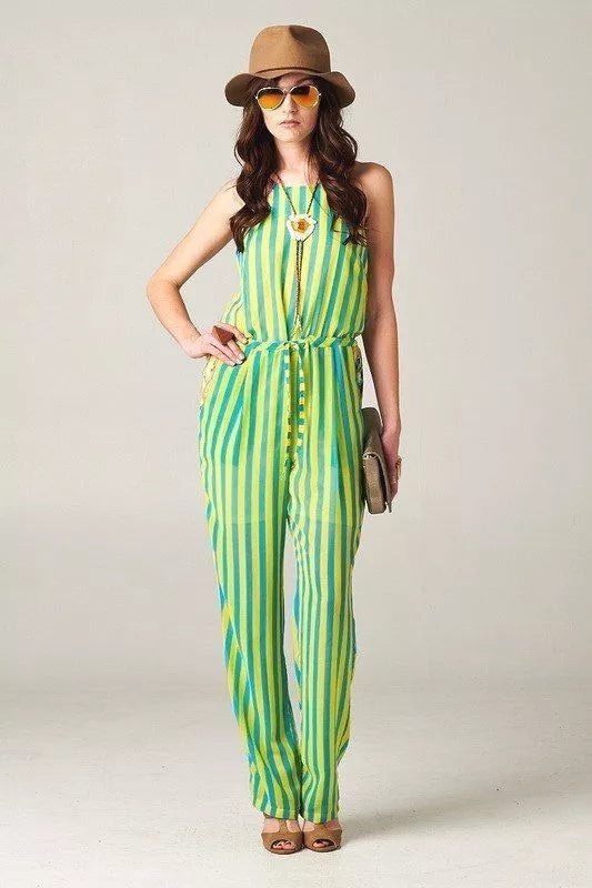 Women's Spaghetti Strap Jumpsuit With Border Flower Trim Neon Green &Yellow