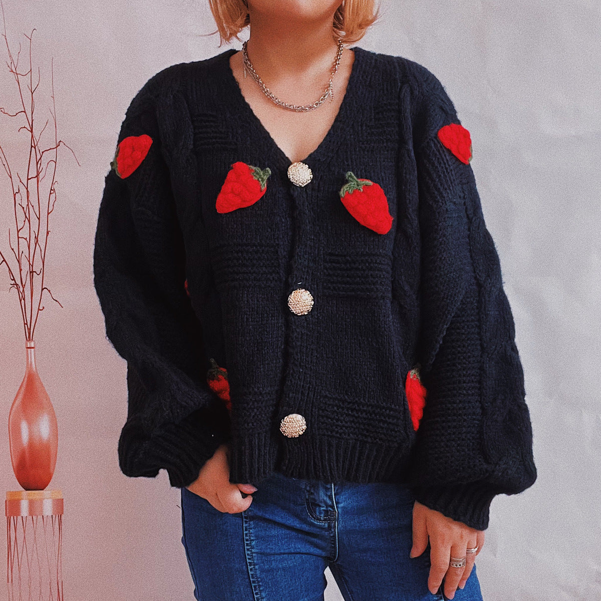 Women's Fashion Casual Loose Strawberry Embroidery Single-breasted Sweater