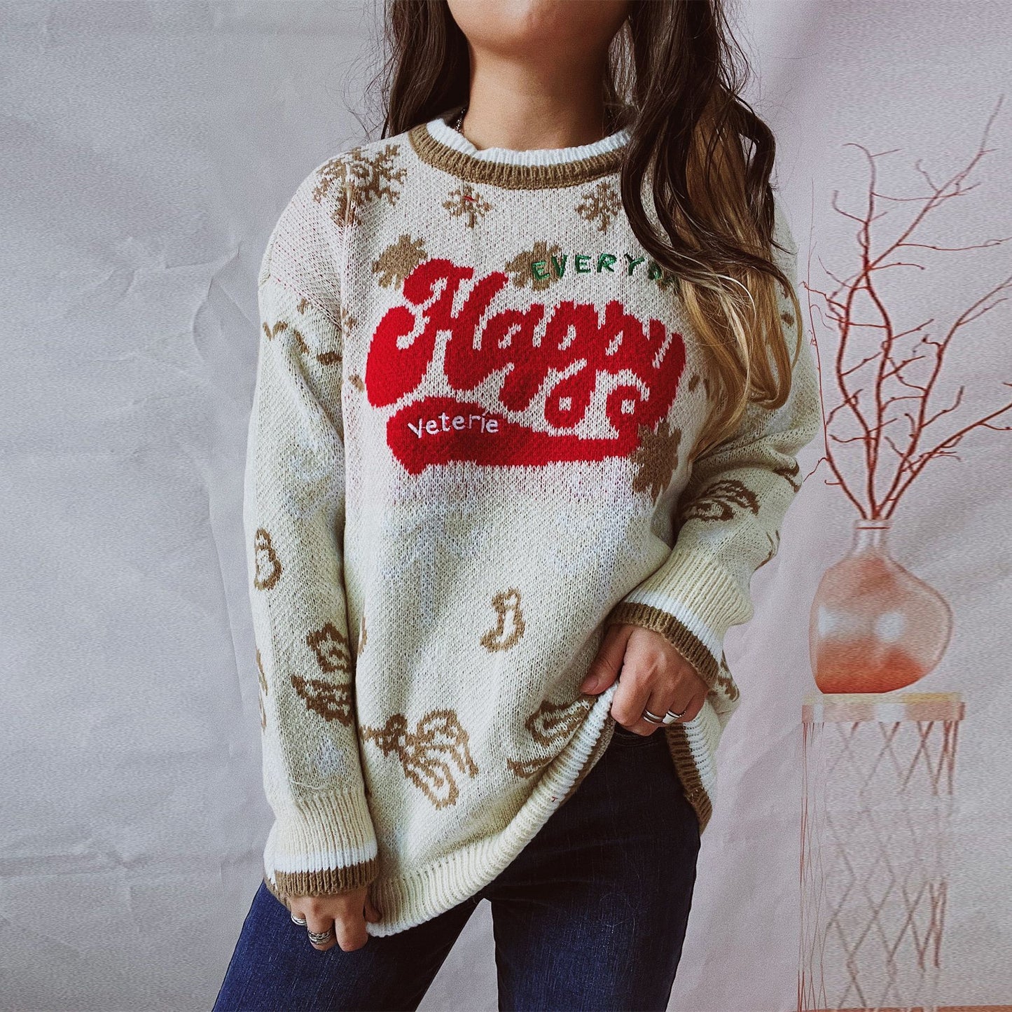 Women's Fashionable Round Neck Long Sleeve Contrast Color Letter Christmas Sweater