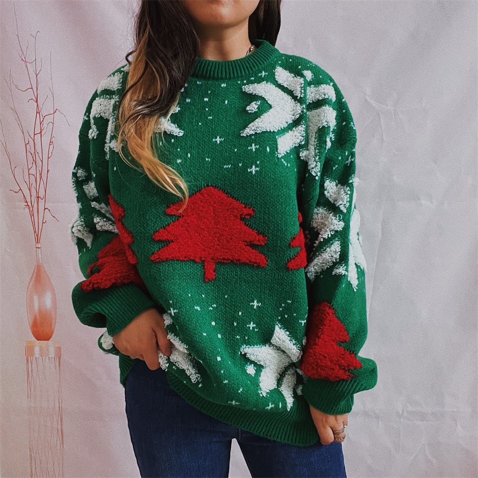 Women's Fashion Christmas Tree Jacquard Round Neck Long Sleeve Sweater