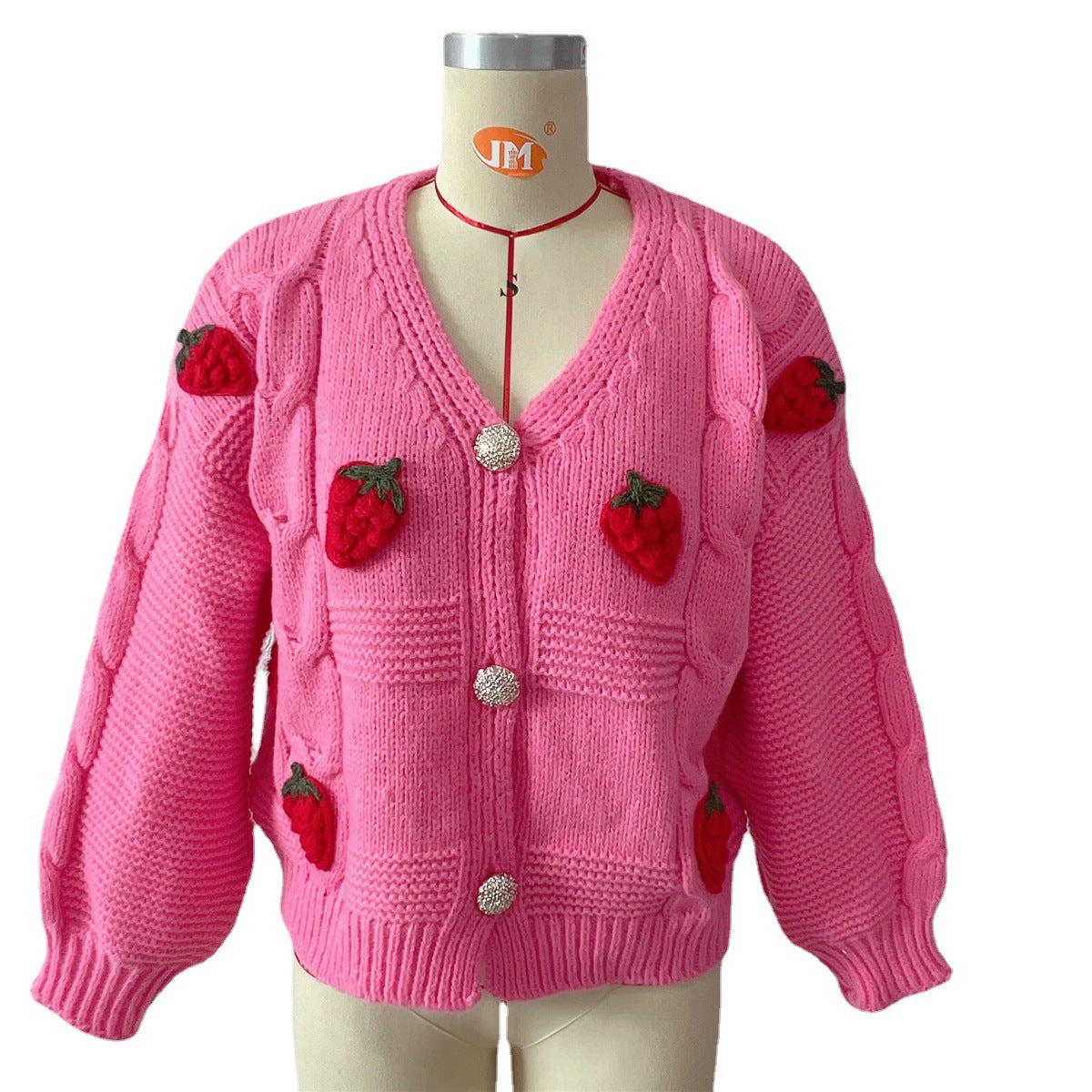 Women's Fashion Casual Loose Strawberry Embroidery Single-breasted Sweater