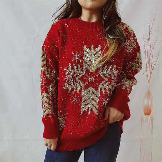 Women's Fashion Loose Gold Line Large Snowflake Christmas Sweater