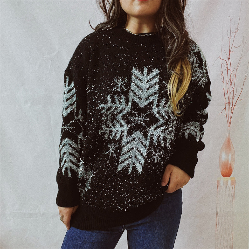 Women's Fashion Loose Gold Line Large Snowflake Christmas Sweater