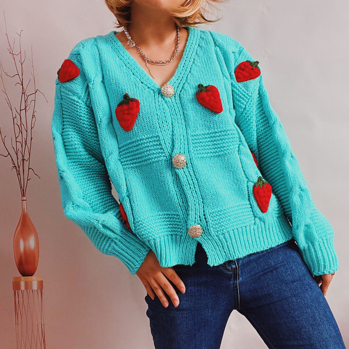 Women's Fashion Casual Loose Strawberry Embroidery Single-breasted Sweater