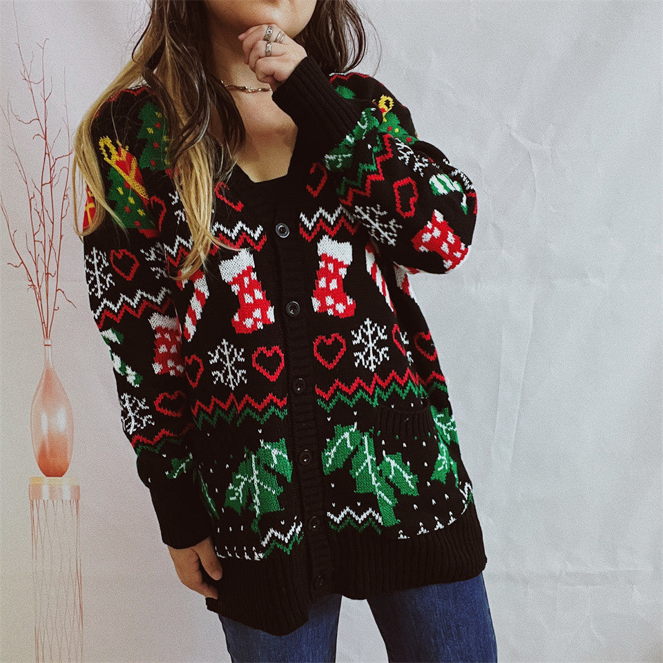 Women's Fashion Single-breasted V-neck Christmas Theme Knitted Sweater