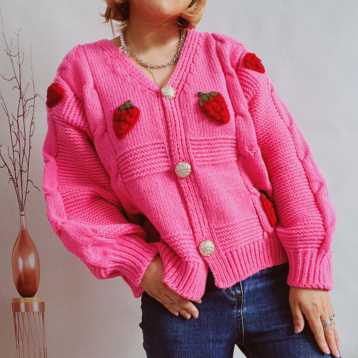 Women's Fashion Casual Loose Strawberry Embroidery Single-breasted Sweater